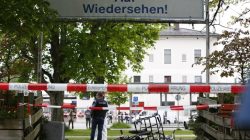 Police barrier is pictured at the train station in Grafing