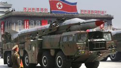 A missile carried by a military vehicle in North Korea