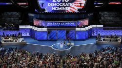 Delegates cheer at the annoucement that Hillary Clinton is named the Democratic Party nominee for president at the Democratic National Convention in Philadelphia