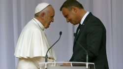 ope Francis shakes hands with Polish President Andrzej Duda at a welcoming ceremony at Wawel Royal Castle in Krakow