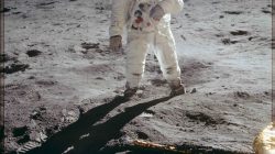 Astronaut Edwin E. Aldrin Jr., lunar module pilot, walks on the surface of the moon near the leg of the Lunar Module (LM) "Eagle" during the Apollo 11 extravehicular activity (EVA in this NASA handout photo