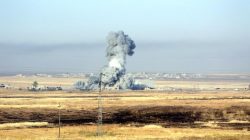 Smoke rises after airstrikes from the U.S.-led coalition against Islamic State militants in a village east of Mosul, Iraq