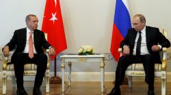 Russian President Vladimir Putin and Turkish President Tayyip Erdogan attend their meeting in St. Petersburg, Russia,