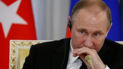 Russian President Vladimir Putin attends a news conference with Turkish President Tayyip Erdogan (not seen) following their meeting in St. Petersburg, Russia,