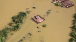 People stand on a partially submerged house as they wait to receive food parcels being distributed by a Indian Air Force helicopter on the outskirts of Allahabad,