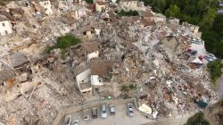 A drone photo shows the damages following an earthquake in Pescara del Tronto, central Italy, August 25