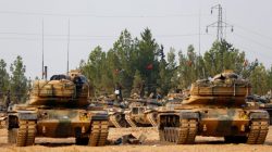 Turkish army tanks and military personnel are stationed in Karkamis on the Turkish-Syrian border in the southeastern Gaziantep province, Turkey,
