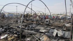 Tents that were destroyed by fire are seen at Yahayawa refugee camp near Kirkuk, Iraq,