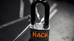 A padlock is displayed at the Alert Logic booth during the 2016 Black Hat cyber-security conference in Las Vegas, Nevada,