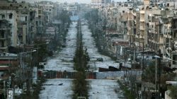 A general view shows a damaged street with sandbags used as barriers in Aleppo's Saif al-Dawla district, Syria