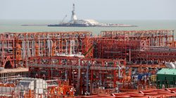 Oil rig and infrastructure of D Island are pictured at Kashagan offshore oil field in Caspian sea in western Kazakhstan