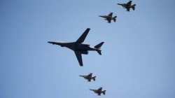 A U.S. Air Force B-1B bomber flies over Osan Air Base in Pyeongtaek