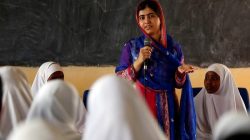 Pakistani Nobel Peace Prize laureate Malala Yousafzai addresses students at the Nasib Secondary School in Ifo2 area of Dadaab refugee camp during celebrations to mark her 19th birthday near the Kenya-Somalia border