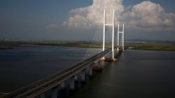 A general view shows the unfinished New Yalu River bridge that was designed to connect China's Dandong New Zone, Liaoning province, and North Korea's Sinuiju.