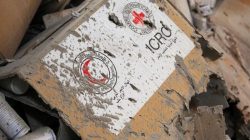 Damaged Red Cross and Red Crescent medical supplies lie inside a warehouse after an airstrike on the rebel held Urm al-Kubra town, western Aleppo city, Syria