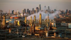 The Philadelphia Energy Solutions oil refinery owned by The Carlyle Group is seen at sunset in front of the Philadelphia skyline