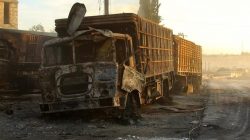 Damaged aid trucks are pictured after an airstrike on the rebel held Urm al-Kubra town, western Aleppo city, Syria S