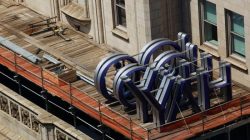 A Yahoo logo is seen on top of the building where they have offices in New York