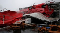 A damaged tent is see as Typhoon Megi hits Hualien, eastern Taiwan,
