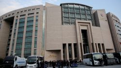 Turkish riot police stand guard in front of the Justice Palace in Istanbul, Turkey,