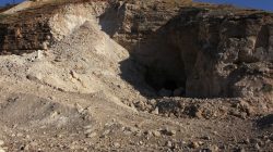 A damaged hill is pictured near an underground hospital that was hit by an airstrike in the rebel held town of Kafr Zita, Hama countryside, Syria