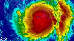 Hurricane Matthew is seen in the Caribbean Sea in this enhanced infrared image from NOAA's GOES-East satellite