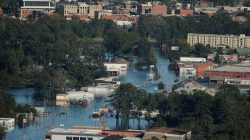 An aerial view shows flood waters after Hurricane Matthew in Lumberton, North Carolina