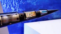 Lockheed Martin's THAAD missile model is displayed during Japan Aerospace 2016 air show in Tokyo, Japan, October 12, 2016.