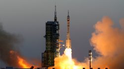 Shenzhou-11 manned spacecraft carrying astronauts Jing Haipeng and Chen Dong blasts off from the launchpad in Jiuquan, China,