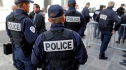 French police gather outside a local police station in Paris, France, October 11, 2016, after a Molotov cocktail attack over the weekend near Paris that injured their colleagues.