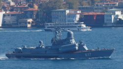 The Russian Navy's missile corvette Mirazh sails in the Bosphorus, on its way to the Mediterranean Sea, in Istanbul, Turkey