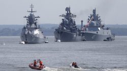 (L-R) Russian navy corvette Steregushchy, destroyer Nastoichivy and frigate Admiral Gorshkov are anchored in a bay of the Russian fleet base in Baltiysk in Kaliningrad region, Russia