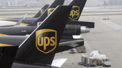 United Parcel Service aircraft are loaded with package containers at the UPS Worldport All Points International Hub in Louisville, Kentucky,