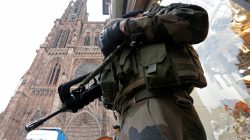A French soldier stands guard near Strasbourg's cathedral in Strasbourg, France,