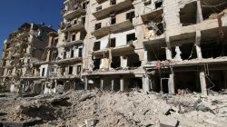 A general view shows the damage at a site hit by airstrikes in the rebel-held besieged al-Qaterji neighbourhood of Aleppo, Syria