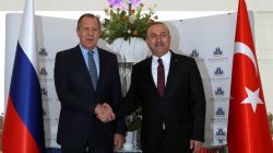 Russian Foreign Minister Sergei Lavrov shakes hands with his Turkish counterpart Mevlut Cavusoglu in Alanya, Turkey,