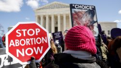Protesters demonstrate in front of the U.S. Supreme Court on the morning that the court took up a major abortion case focusing on whether a Texas law that imposes strict regulations on abortion doctors and clinic buildings interferes with the constitutional right of a woman to end her pregnancy in Washington
