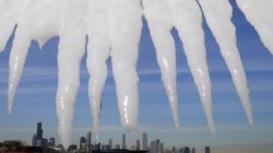 File photo: The Chicago skyline is framed by icicles in Chicago, Illinois,