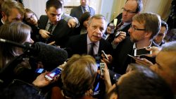 U.S. Senator Richard Durbin (D-IL) (C) talks with reporters after the weekly Democratic caucus policy luncheon at the U.S. Capitol in Washington, U.S.