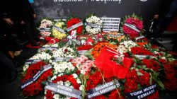 Wreaths, placed by representatives of foreign missions, are pictured at the scene of Saturday's blasts in Istanbul, Turkey