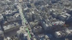 A still image from video taken December 15, 2016 over eastern Aleppo shows an operation to evacuate thousands of civilians and fighters in buses from Aleppo, Syria