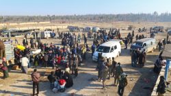 Evacuees from a rebel-held area of Aleppo arrive at insurgent-held al-Rashideen, Syria