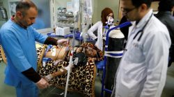 A man wounded in a bomb attack in Kokjali, receives treatment at a hospital in the northern Iraqi city of Erbil,