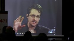 Edward Snowden speaks via video link during a conference at University of Buenos Aires Law School, Argentina,