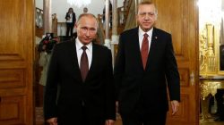 Russian President Vladimir Putin and his Turkish counterpart Tayyip Erdogan arrive for a joint news conference following their meeting in Istanbul, Turkey,