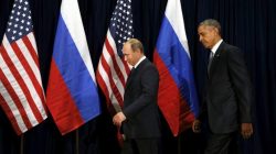 U.S. President Barack Obama and Russian President Vladimir Putin walk into a photo opportunity before their meeting at the United Nations General Assembly in New York