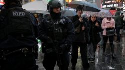 Members of the New York Police Department's Counterterrorism Bureau patrol Times Square in the lead up to New Year's celebrations in Manhattan, New York City, U.S. December 29, 2016