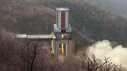 A new engine for an intercontinental ballistic missile (ICBM) is tested at a test site at Sohae Space Center in Cholsan County, North Pyongan province in North Korea in this undated photo released by North Korea's Korean Central News Agency