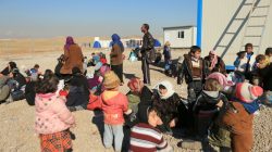 Displaced people, who fled the Islamic State stronghold of Mosul, gather at Hassan Sham camp, east of Mosul, Iraq,