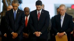 U.S. President Barack Obama (L-R), House Speaker Paul Ryan (R-WI) and Senate Majority Leader Mitch McConnell (R-KY) bow their heads in prayer at the end of a ceremony commemorating the 150th anniversary of the 13th Amendment, which formally abolished slavery in the aftermath of the U.S. Civil War, at the U.S. Capitol in Washington